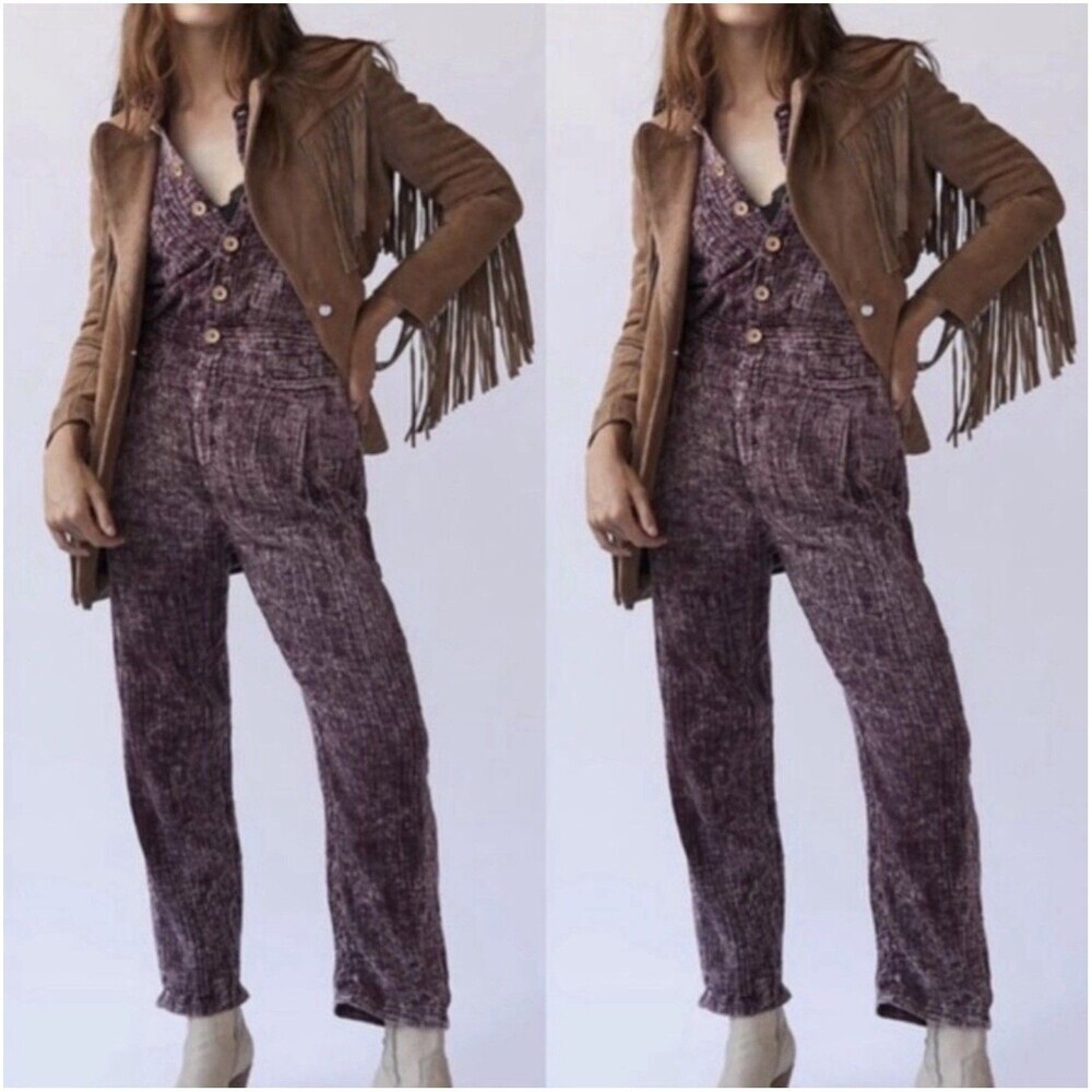 Free People Madrid Double Cloth Jumpsuit S Washed Purple Button Front Utility